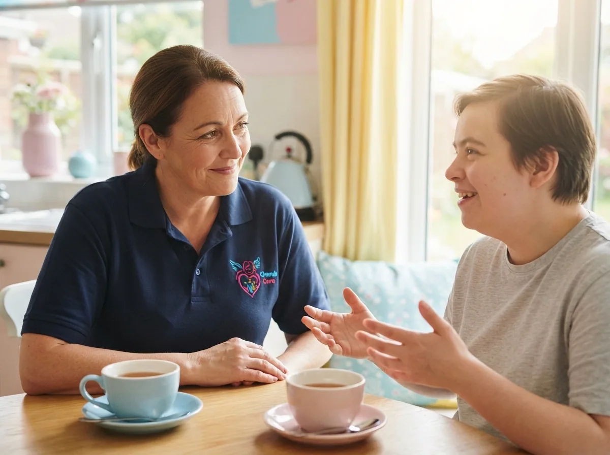 A Cherub Care support worker in conversation with a participant over a cup of tea